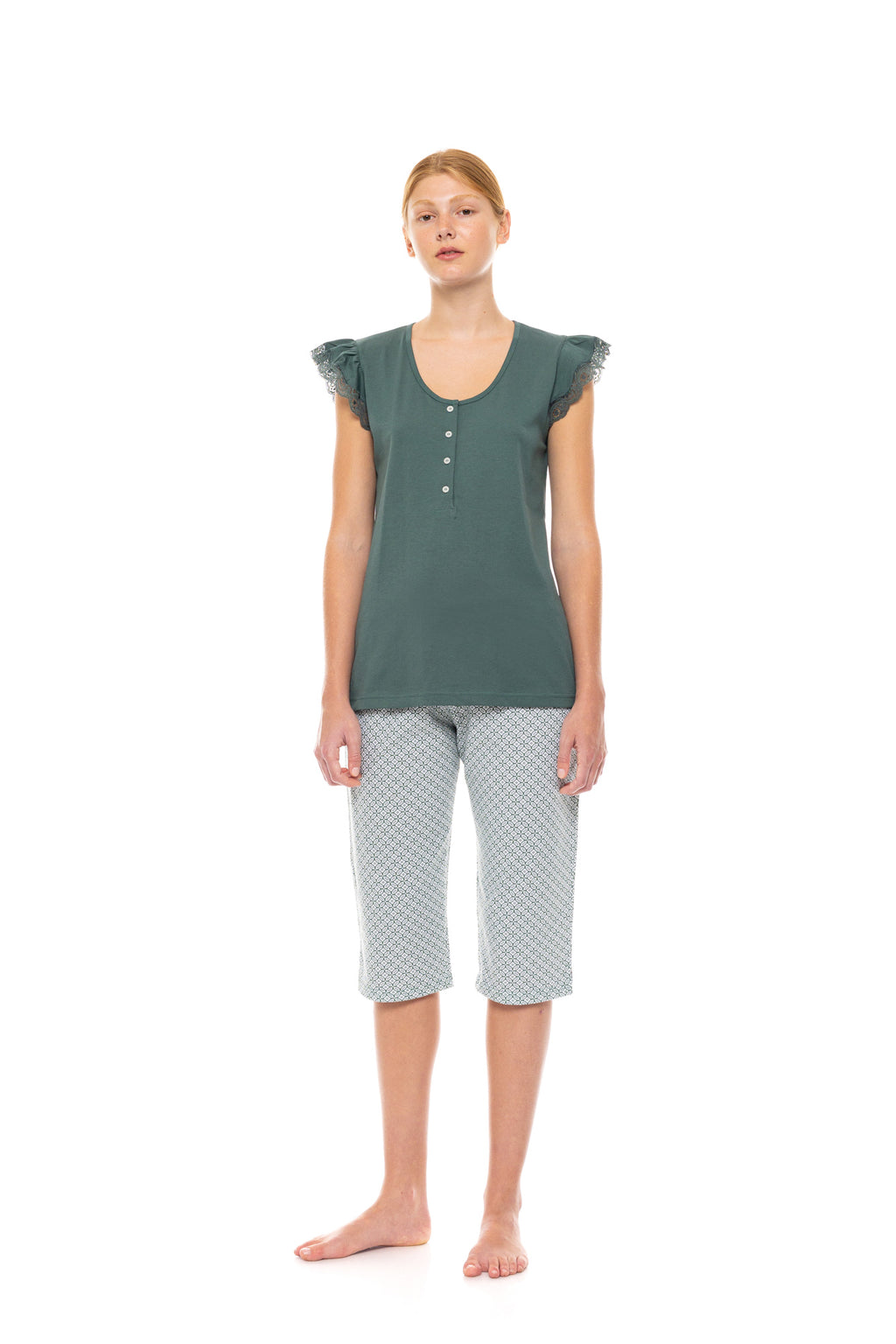 Pink Label - Pyjama Capri Forest Green Geo