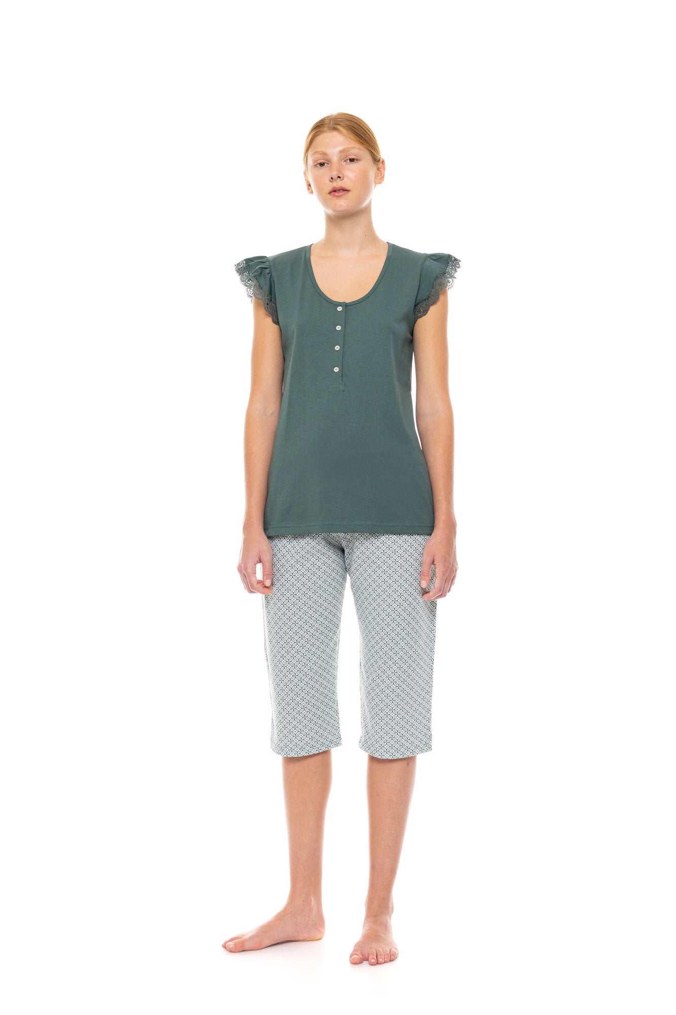 Pink Label - Pyjama Capri Forest Green Geo