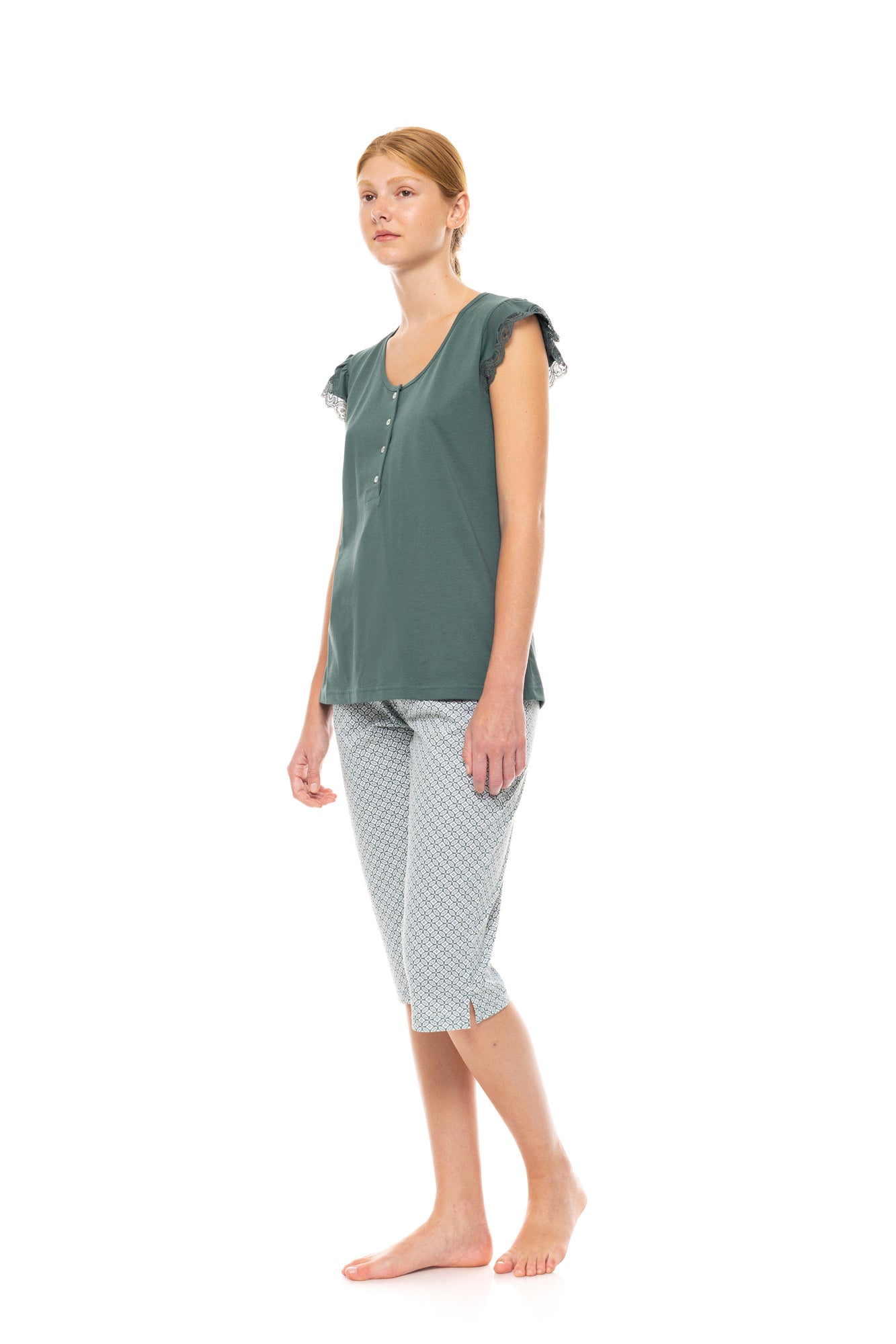 Pink Label - Pyjama Capri Forest Green Geo