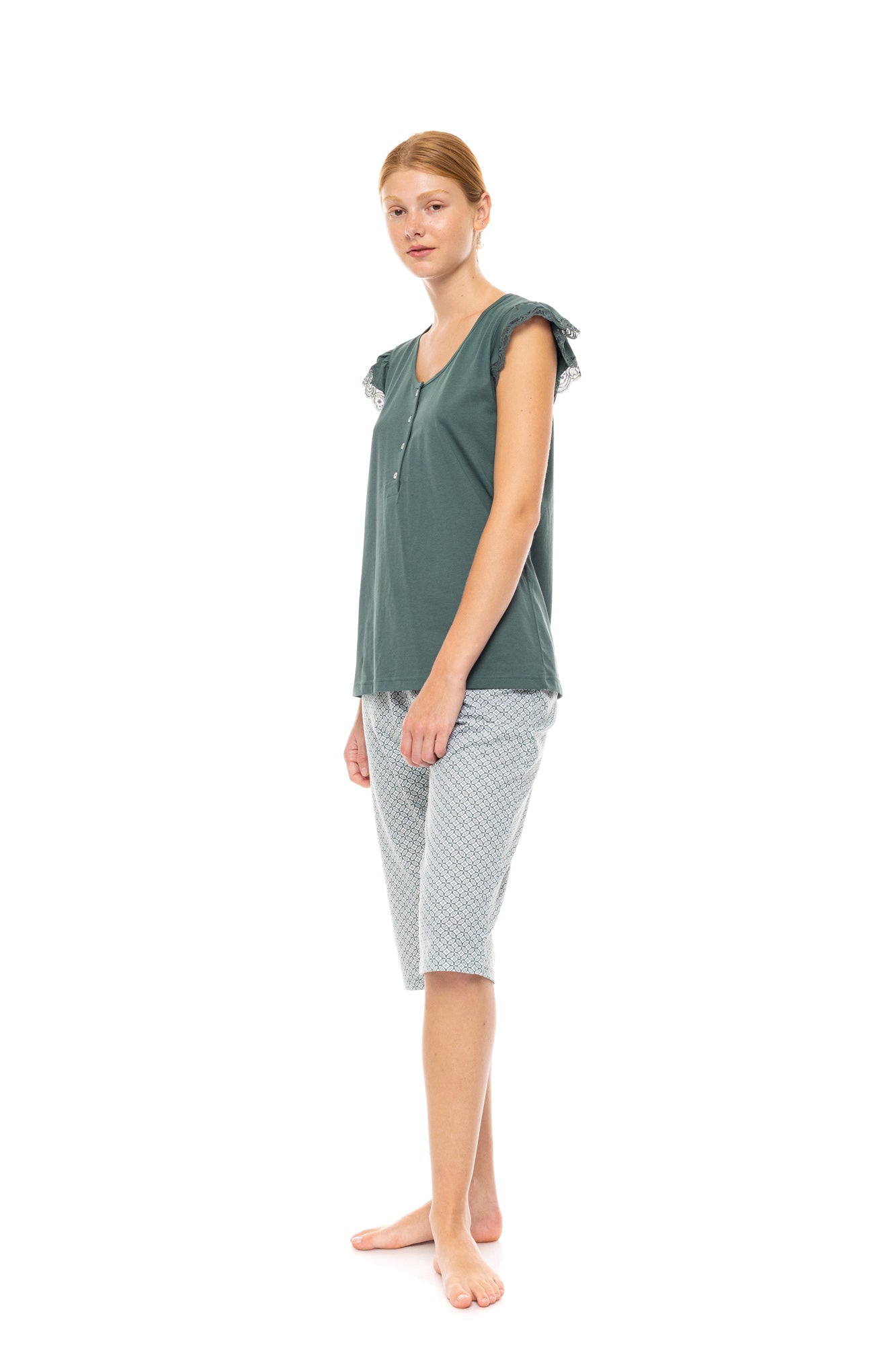 Pink Label - Pyjama Capri Forest Green Geo