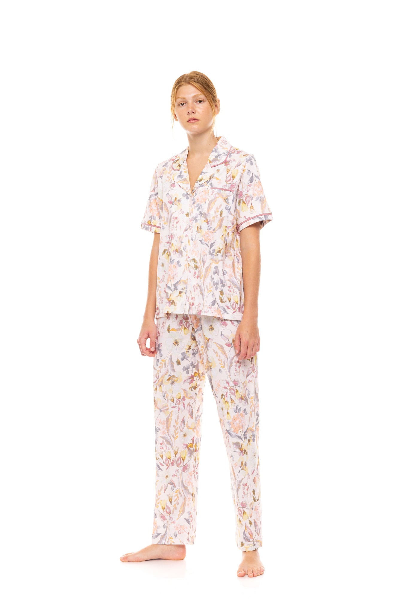 Pink Label - Pyjama Buttoned Long Pants Floral Rose