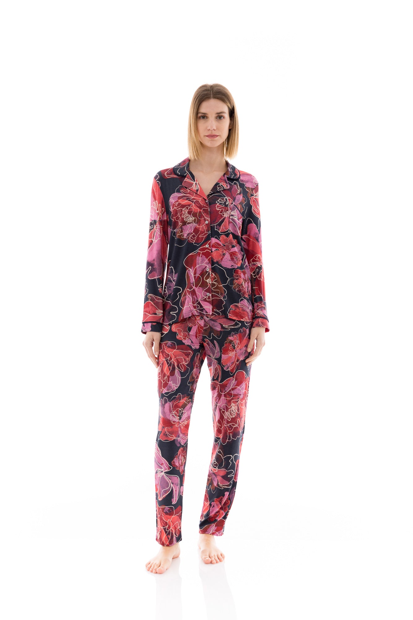 Pink Label - Pyjama Buttoned Magenta Flower