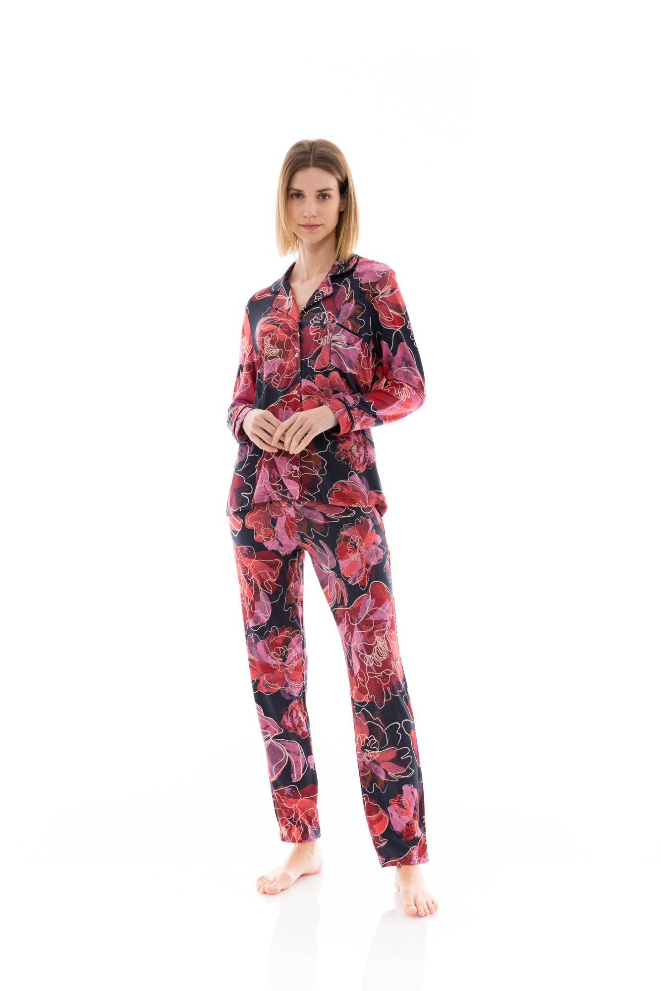 Pink Label - Pyjama Buttoned Magenta Flower