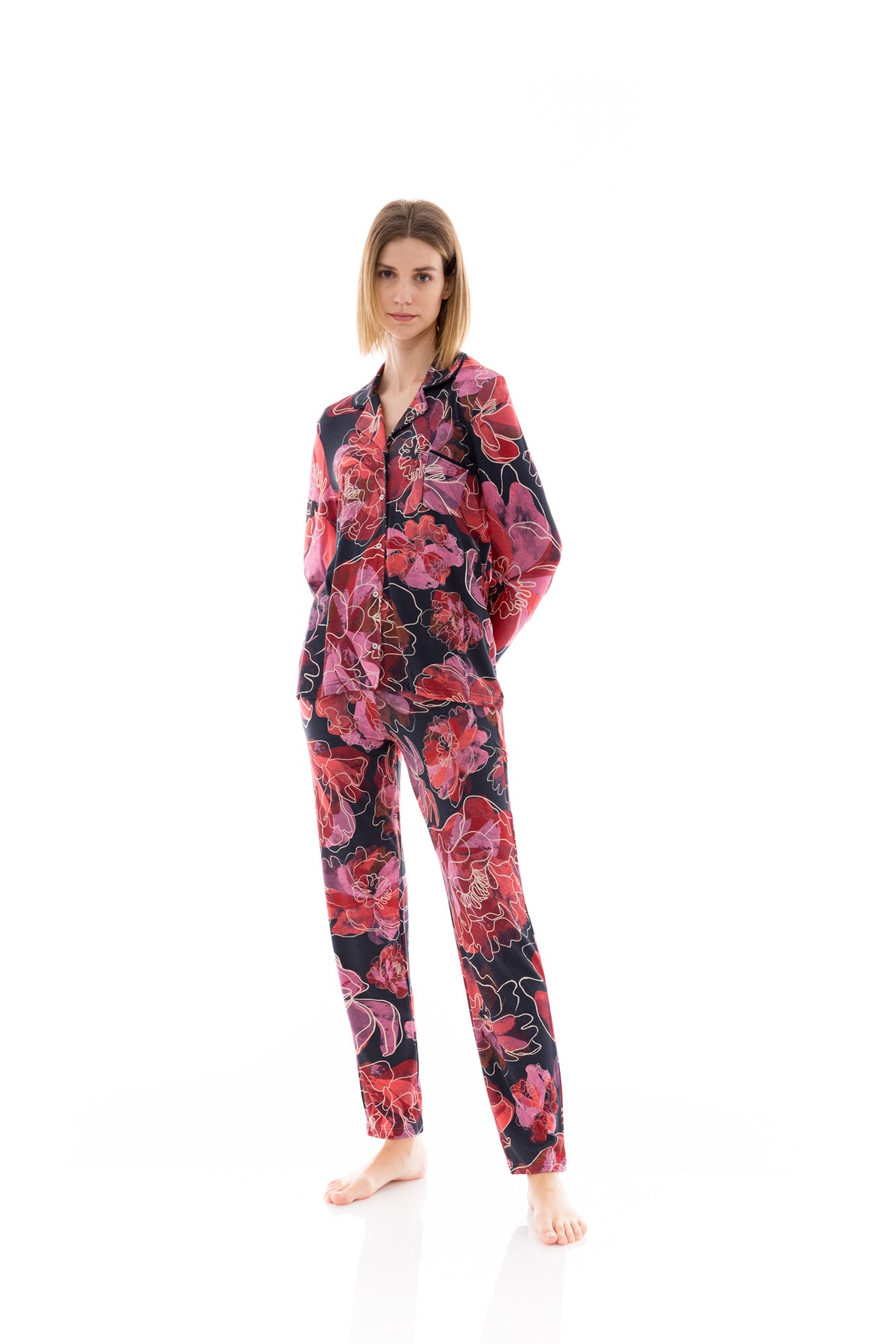 Pink Label - Pyjama Buttoned Magenta Flower