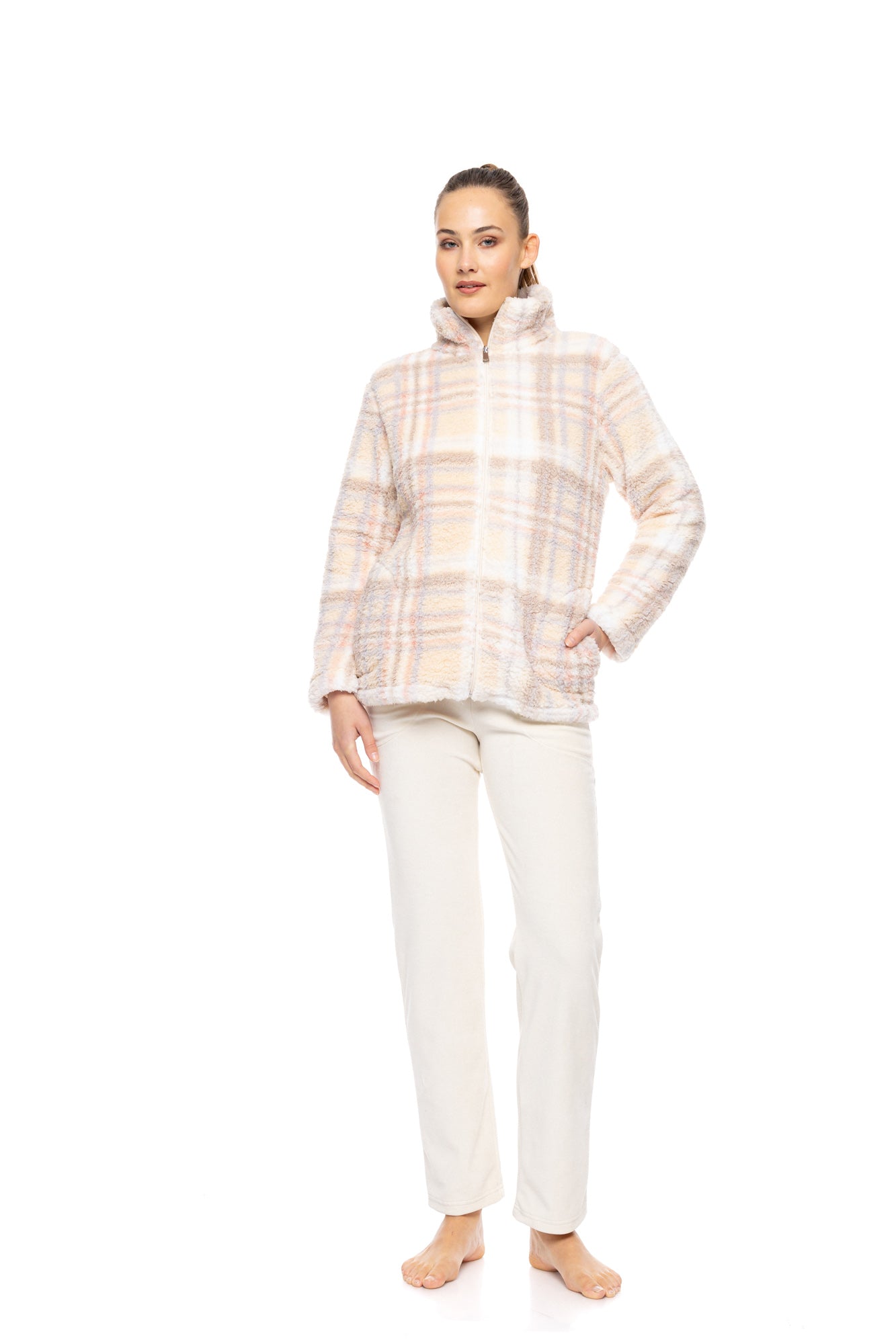 Pink Label - Robe Zipper Fleece Soft Plaid