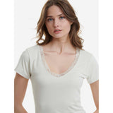 Walk - V-neck T-shirt με λεπτομέρειες από δαντέλα σε απαλό Bamboo